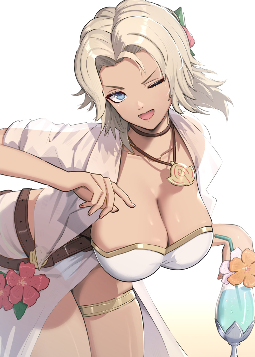 1girl ;d absurdres alternate_costume bikini blonde_hair blue_eyes breasts catherine_(fire_emblem) catherine_(summer)_(fire_emblem) cleavage commentary_request dark_skin drink fire_emblem fire_emblem:_three_houses fire_emblem_heroes flower gonzarez hair_flower hair_ornament highres large_breasts leaning_forward official_alternate_costume one_eye_closed open_clothes open_mouth ponytail see-through smile solo swimsuit thighs white_bikini white_swimsuit