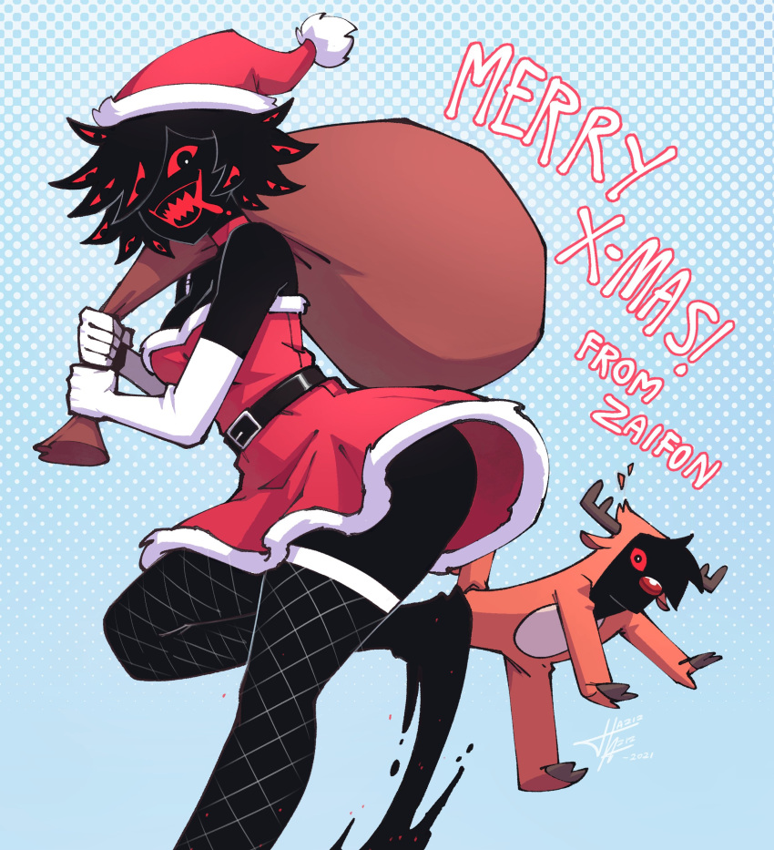 1girl 2021 abby_(za1f0n) absurdres artist_self-insert belt black_hair breasts colored_sclera cosplay dated dress eldritch_abomination extra_eyes fishnets hat highres looking_at_viewer merry_christmas monster_girl original red_eyes red_sclera rudolph_the_red_nosed_reindeer rudolph_the_red_nosed_reindeer_(cosplay) santa_costume santa_dress santa_hat sharp_teeth signature simple_background teeth thighhighs too_many_eyes za1f0n