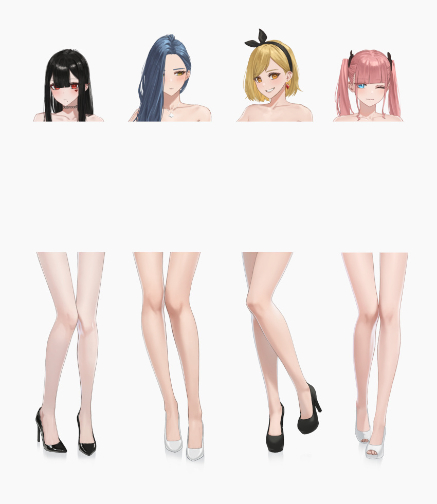 4girls ;) asymmetrical_bangs bar_censor bare_legs bare_shoulders black_footwear blunt_bangs blush censored choker collarbone enokawa_kokoro facial_mark feet grin hara_kenshi heart heart_choker high_heels highres jewelry kimishima_touka kunitomi_ryouka kuroba_mitsuha legs looking_at_viewer looking_away mole mole_under_eye multiple_girls necklace one_eye_closed original simple_background smile swept_bangs thighs toes twintails white_background white_footwear