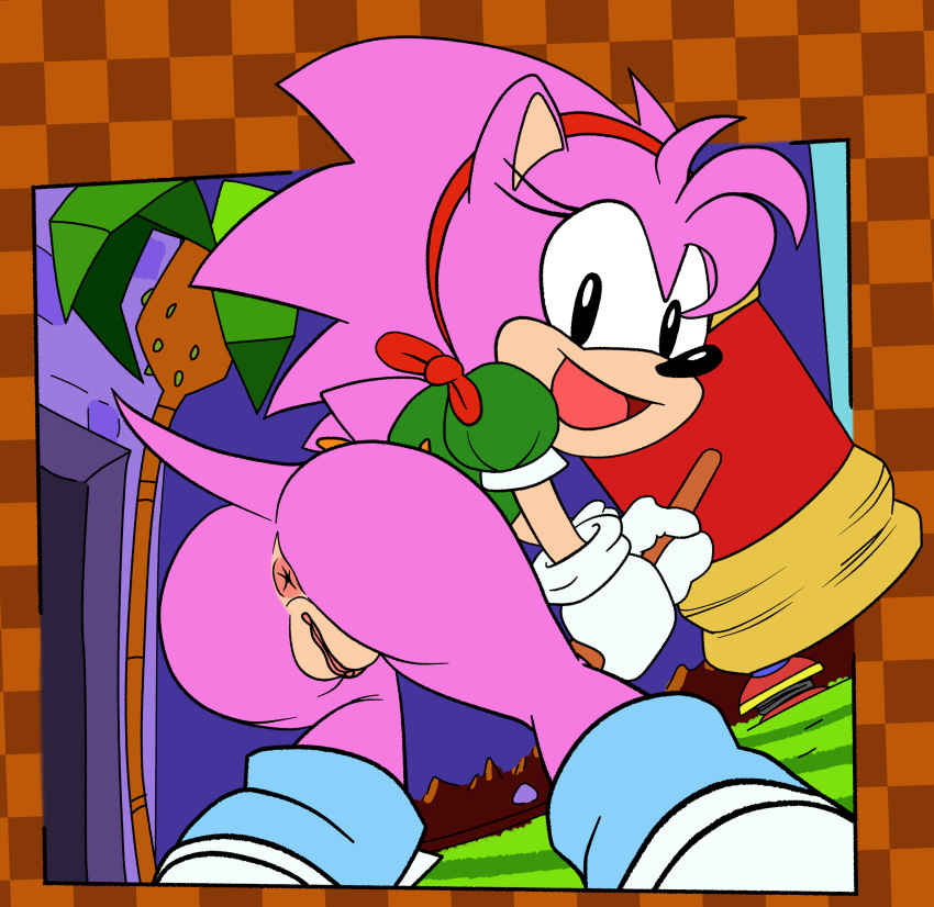 2023 absurd_res amy_rose anthro anus bottomless butt classic_amy_rose classic_sonic_(universe) clothed clothing collaboration eulipotyphlan female genitals hair hammer hedgehog hi_res holding_hammer holding_object holding_tool looking_at_viewer looking_back looking_back_at_viewer mammal multicolored_body ninoeros open_mouth open_smile pink_body pink_hair pussy sega smile smiling_at_viewer solo sonic_the_hedgehog_(series) sr tan_body tools two_tone_body