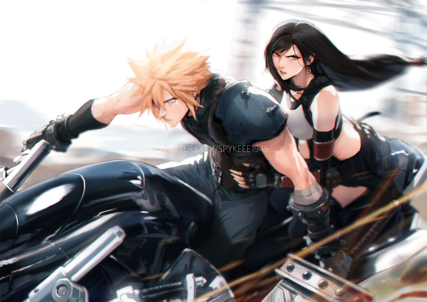 1boy 1girl arm_guards armor bare_shoulders black_gloves black_hair black_skirt black_thighhighs blonde_hair blue_eyes breasts buster_sword cloud_strife commentary crop_top elbow_gloves english_commentary final_fantasy final_fantasy_vii final_fantasy_vii_remake fingerless_gloves floating_hair gloves hands_on_another's_waist highres holding holding_sword holding_weapon huge_weapon large_breasts long_hair low-tied_long_hair motion_blur motor_vehicle motorcycle parted_lips red_eyes riding serious shoulder_armor sitting skirt spiked_hair spykeee sweater swept_bangs sword tank_top thighhighs tifa_lockhart turtleneck turtleneck_sweater twitter_username watermark weapon white_tank_top