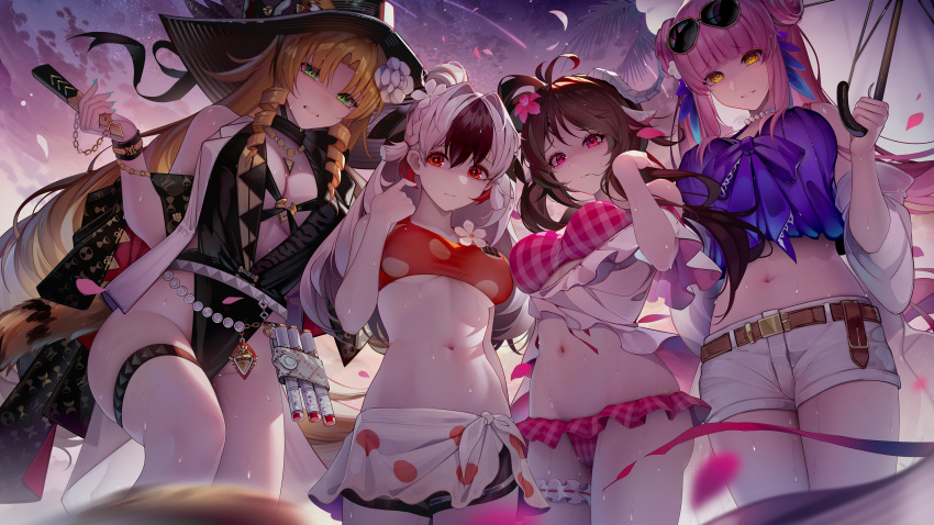 4girls absurdres arknights beach bikini binggong_asylum black_headwear ceylon_(arknights) ceylon_(holiday)_(arknights) eyjafjalla_(arknights) eyjafjalla_(summer_flower)_(arknights) highres holding holding_umbrella multiple_girls navel short_shorts shorts snowsant_(arknights) swimsuit swire_(arknights) swire_the_elegant_wit_(arknights) tagme umbrella