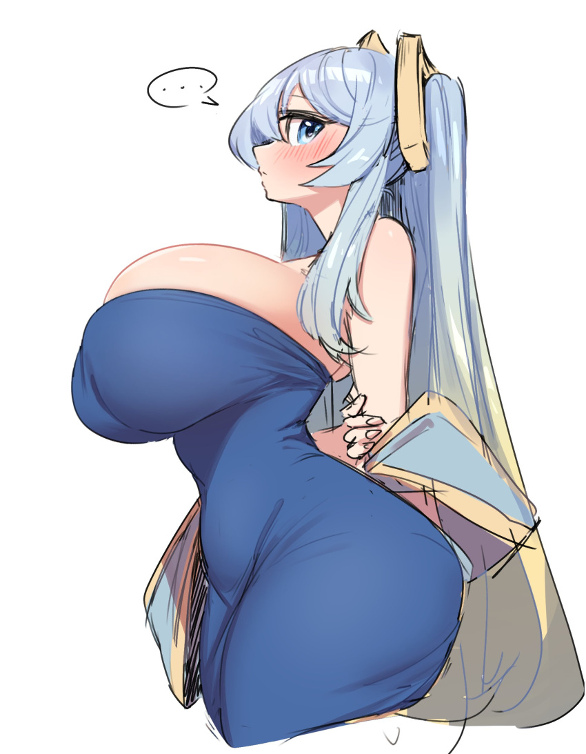 ... 1girl absurdres blonde_hair blue_dress blue_eyes blue_hair blush breasts dress from_side gradient_hair highres holding_own_arm huge_breasts impossible_clothes impossible_dress league_of_legends light_blue_hair long_hair multicolored_hair off_shoulder sketch solo sona_(league_of_legends) spoken_ellipsis very_long_hair yabby