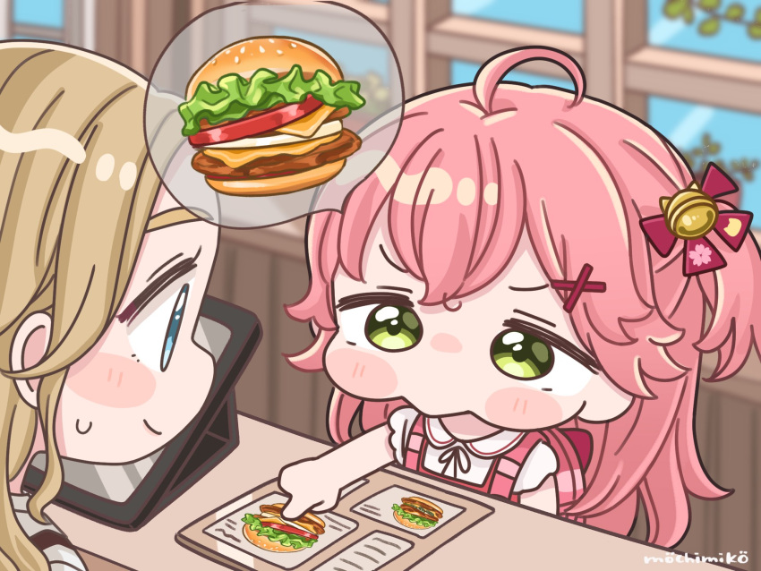 ahoge blush burger food green_eyes hair_between_eyes highres hololive long_hair mochimiko pink_hair puffy_cheeks sakura_miko virtual_youtuber