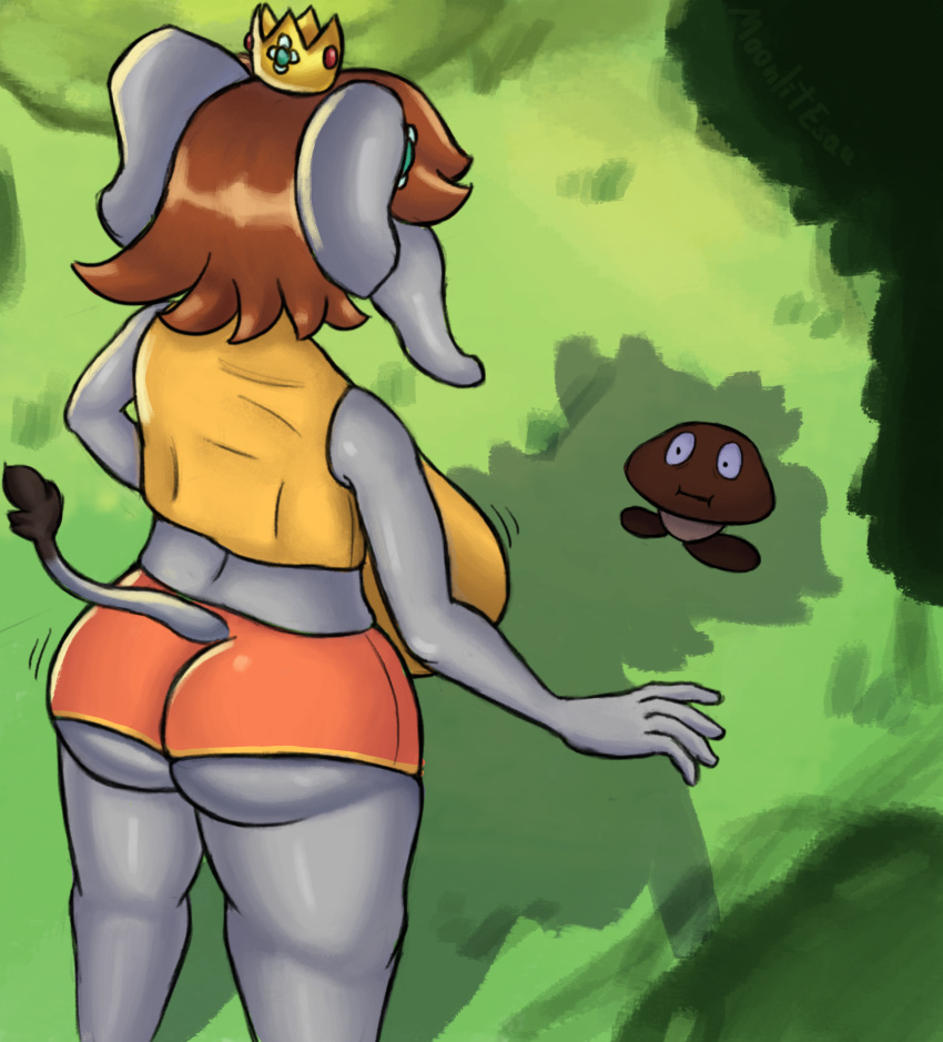 anthro big_breasts big_butt bottomwear breasts brown_hair butt clothing crop_top duo elephant elephant_daisy elephantid female goomba grey_body hair hi_res hotpants huge_breasts mammal mario_bros moonlitesau nintendo princess_daisy proboscidean shirt shorts snout super_mario_bros_wonder thick_thighs topwear