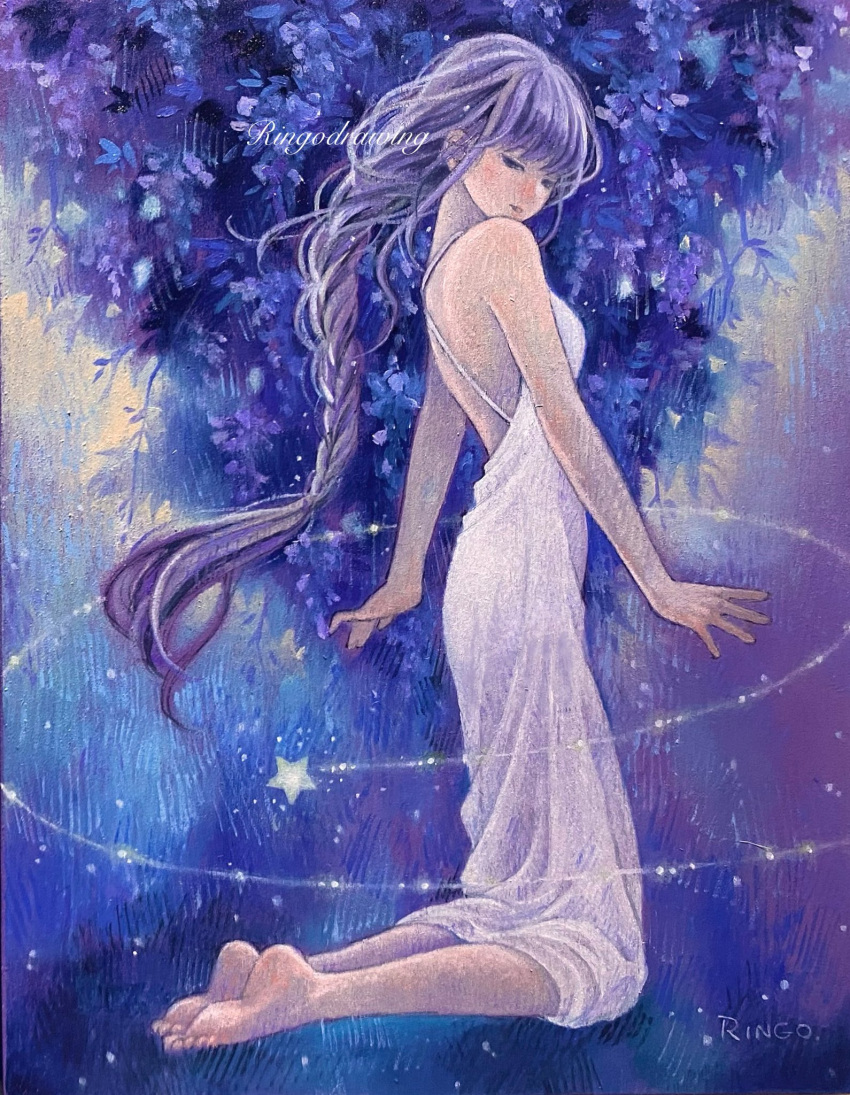 1girl backless_dress backless_outfit bare_back bare_shoulders barefoot blush braid braided_ponytail breasts commentary_request dress feet flower full_body highres kneeling long_hair looking_at_viewer oil_painting_(medium) original painting_(medium) parted_lips purple_eyes purple_flower purple_hair ringodrawing small_breasts smile soles solo star_(symbol) toes traditional_media very_long_hair white_dress wisteria