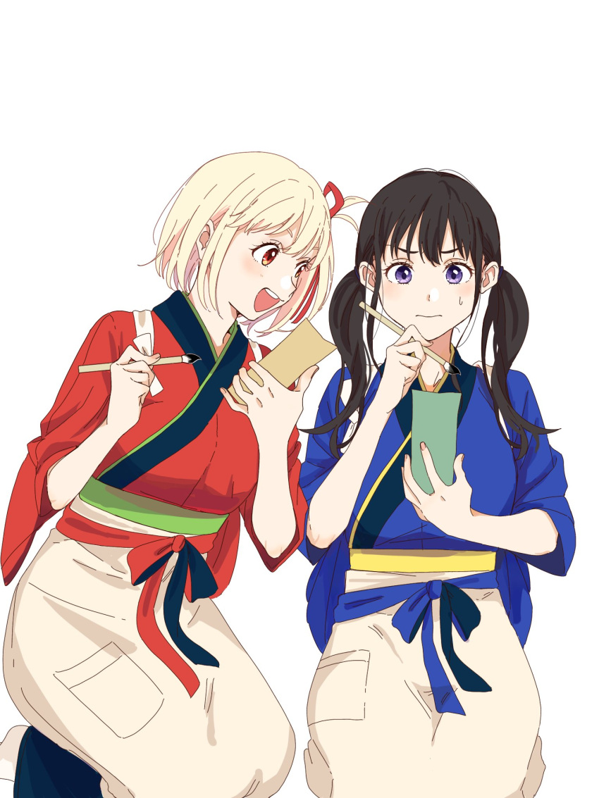 2girls :d black_hair blonde_hair blue_bow blue_kimono blush bob_cut bow calligraphy_brush closed_mouth commentary hair_ribbon highres holding holding_brush holding_tanzaku inoue_takina japanese_clothes kimono long_hair looking_at_another lycoris_recoil multiple_girls nishikigi_chisato official_alternate_costume one_side_up open_mouth paintbrush purple_eyes red_bow red_eyes red_kimono red_ribbon ribbon sash seiza short_hair short_sleeves simple_background sitting skirt smile sweatdrop tanzaku teeth twintails upper_teeth_only variant_set white_background wide_sleeves yellow_skirt yomo_(moo_777_moo)