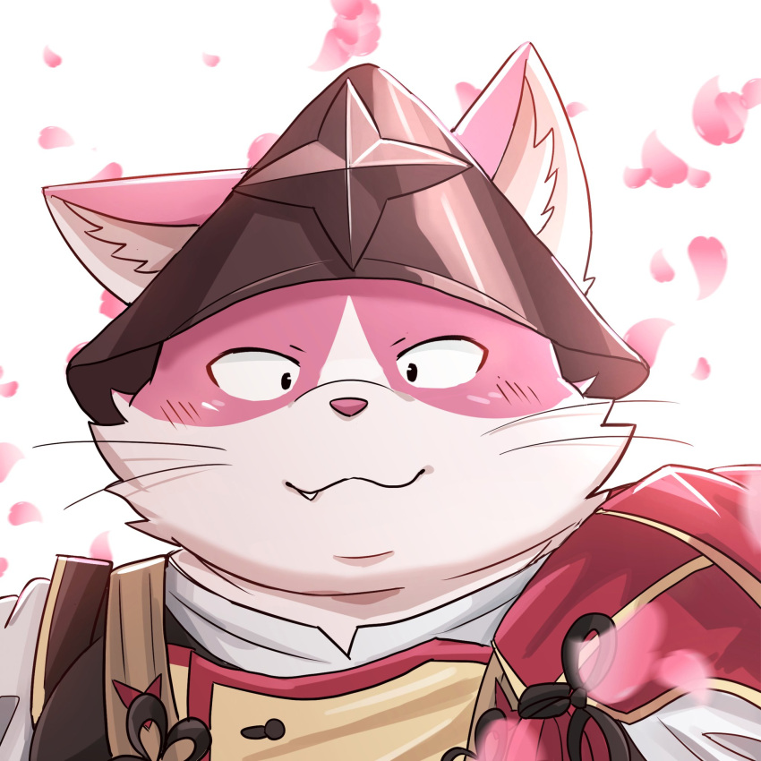 1:1 anthro armor blush bungo_(tamacolle) cherry_blossom domestic_cat felid feline felis fur headgear helmet hi_res japanese_text looking_at_viewer male mammal novembe41511045 overweight pink_body pink_fur plant snaggletooth_(disambiguation) solo tamacolle text