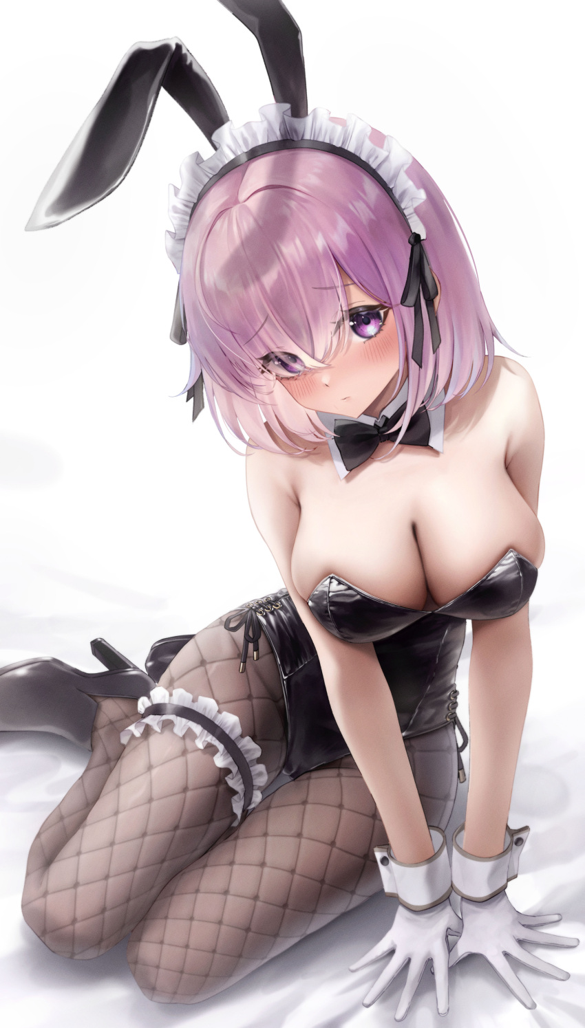 1girl 29hyeon absurdres animal_ears bare_shoulders black_leotard blush bow bowtie breasts cleavage detached_collar fake_animal_ears fate/grand_order fate_(series) fishnet_pantyhose fishnets hair_over_one_eye high_heels highres large_breasts leotard looking_at_viewer maid_headdress mash_kyrielight pantyhose pink_hair playboy_bunny purple_eyes purple_hair rabbit_ears short_hair side-tie_leotard solo strapless strapless_leotard wrist_cuffs
