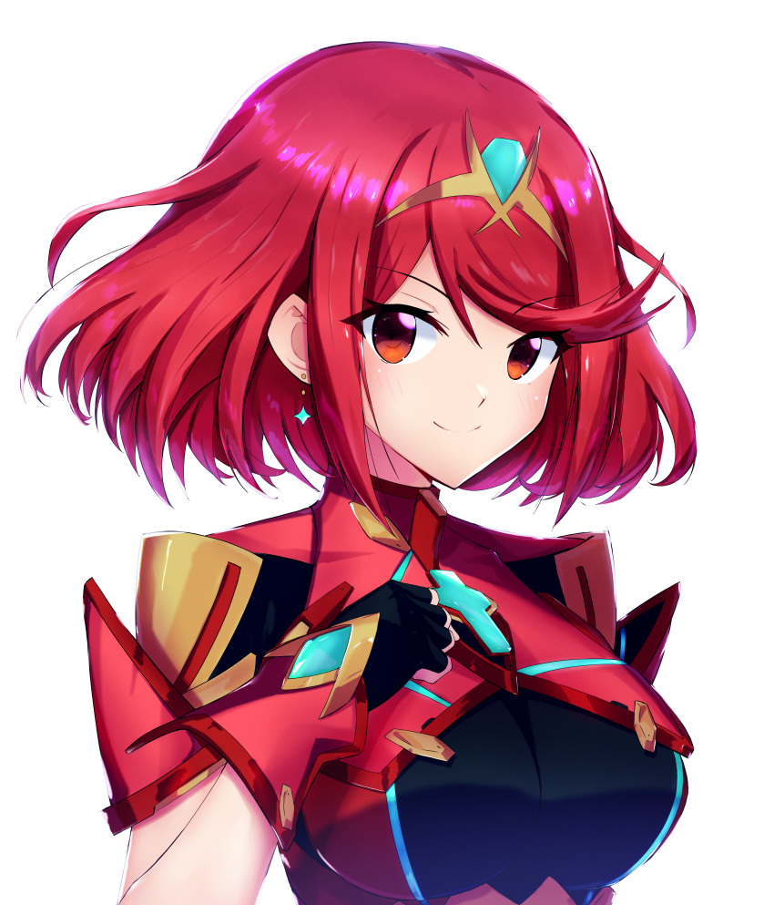 1girl absurdres black_gloves breasts chest_jewel circlet closed_mouth core_crystal_(xenoblade) earrings fingerless_gloves gloves highres impossible_clothes jewelry large_breasts looking_at_viewer pyra_(xenoblade) red_eyes red_hair short_hair simple_background smile solo split_mouth swept_bangs tsukinaga white_background xenoblade_chronicles_(series) xenoblade_chronicles_2