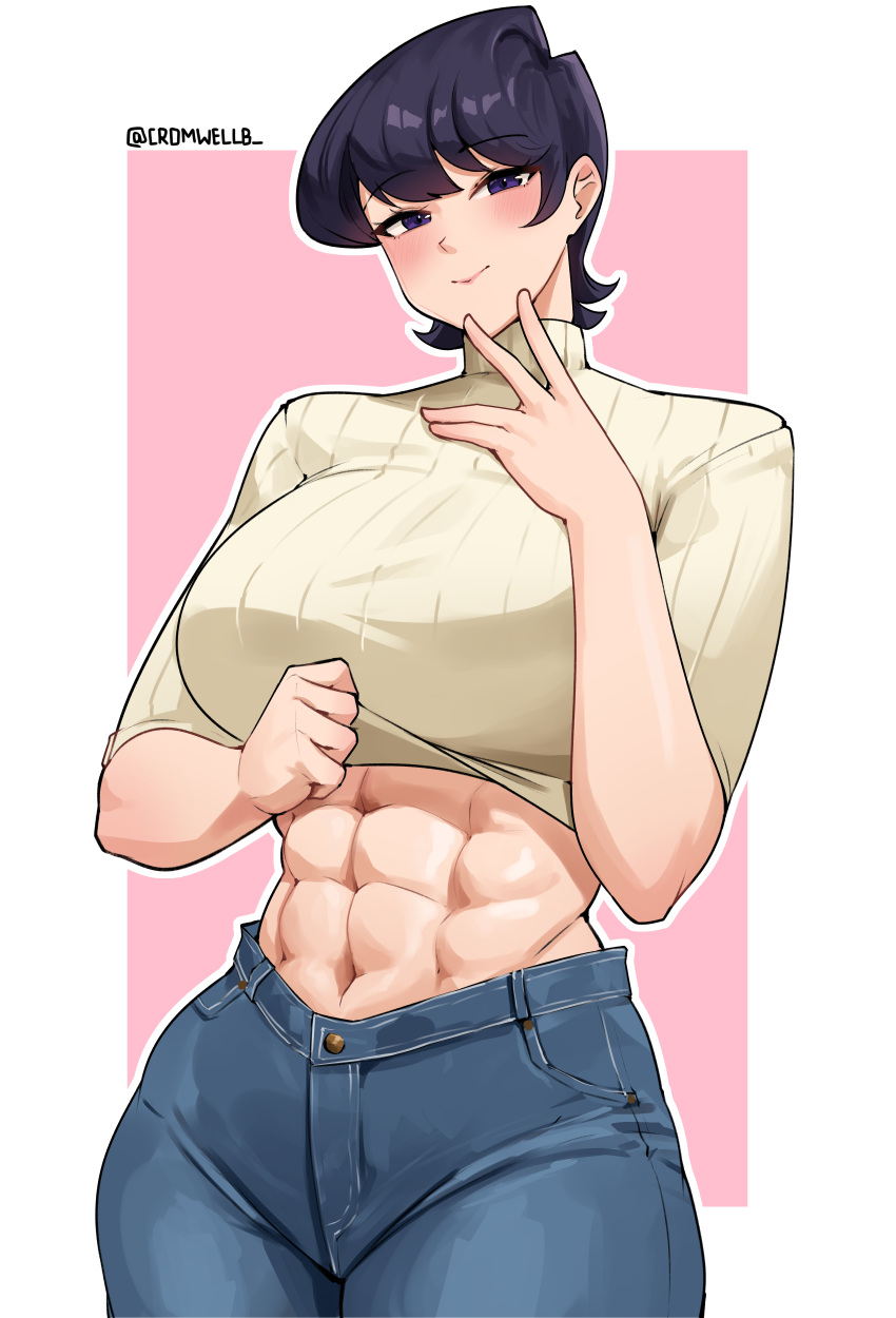 1girl abs absurdres black_hair blush clothes_lift cromwellb denim highres jeans komi-san_wa_komyushou_desu komi_shuuko looking_at_viewer mature_female muscular muscular_female pants pink_background shirt_lift short_hair signature solo sweater turtleneck white_background