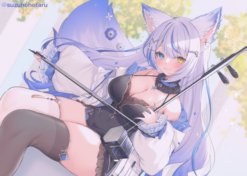 1girl animal_ears asymmetrical_legwear bare_shoulders black_bra black_dress black_thighhighs blue_hair bra breasts cleavage copyright_request detached_sleeves dress fake_animal_ears hair_spread_out holding holding_instrument instrument light_blue_hair long_hair long_sleeves mismatched_legwear mismatched_pupils outdoors puffy_sleeves shiny_skin skin_tight smile solo suzuho_hotaru thighhighs thighs tree underwear very_long_hair white_hair white_thighhighs zettai_ryouiki