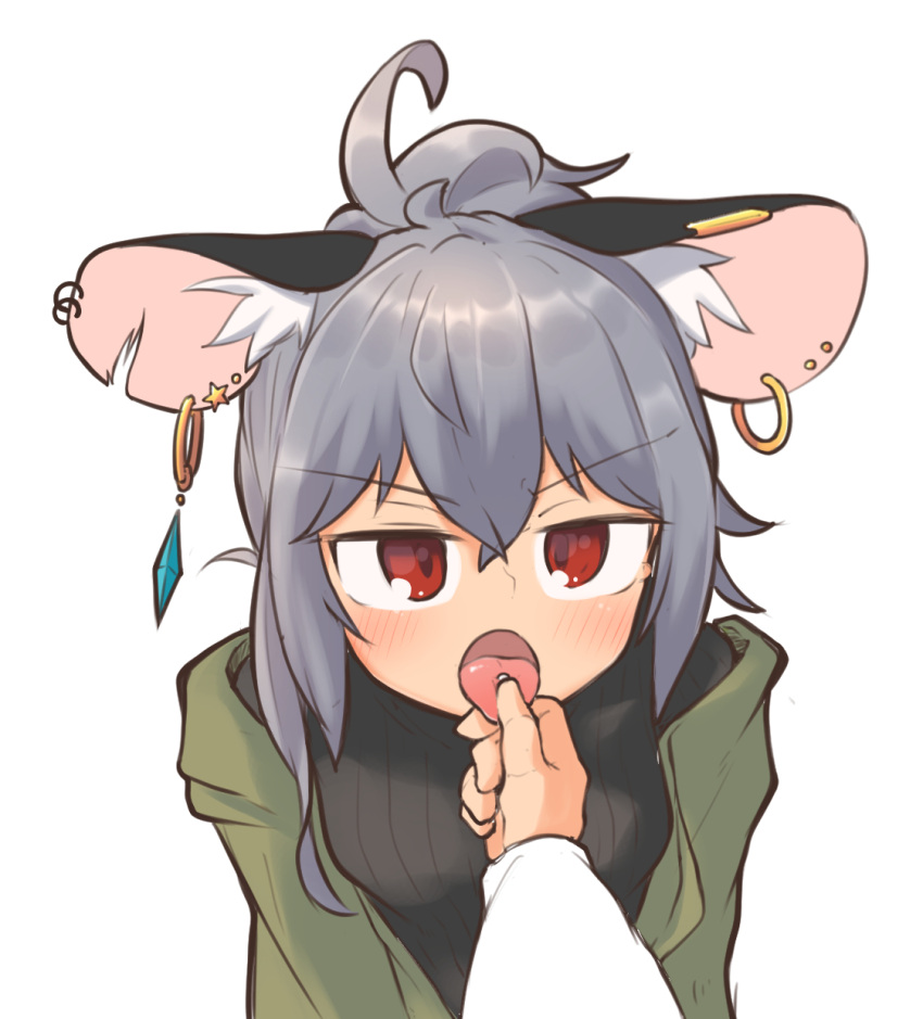 1girl 1other alternate_costume animal_ear_fluff animal_ear_piercing animal_ears asymmetrical_hair black_sweater blush commentary_request crossed_bangs crystal earrings green_jacket greenpiecerice grey_hair hair_between_eyes highres hoop_earrings jacket jewelry leaning_forward looking_at_viewer mouse_ears mouse_girl nazrin open_mouth piercing pov red_eyes short_bangs short_hair simple_background solo_focus sweater tongue tongue_grab tongue_out tongue_piercing touhou upper_body v-shaped_eyebrows white_background