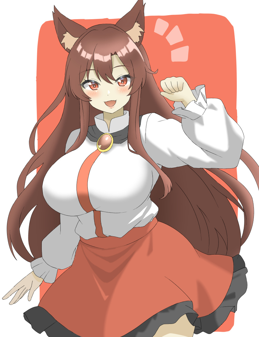 1girl :d absurdres animal_ear_fluff animal_ears blush breasts brooch brown_hair commentary_request cowboy_shot fang hair_between_eyes hand_up highres huge_breasts imaizumi_kagerou jewelry long_hair long_sleeves looking_at_viewer notice_lines petticoat puffy_long_sleeves puffy_sleeves red_background red_eyes red_skirt shirokumall shirt simple_background skin_fang skirt smile solo touhou very_long_hair white_background white_shirt wolf_ears