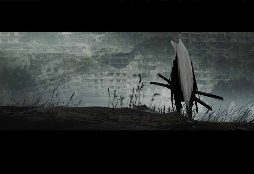 1girl animal_ears building commentary day from_behind grass haru_akira letterboxed long_hair original outdoors post-apocalypse ruins scenery solo standing sword very_long_hair weapon white_hair wide_shot