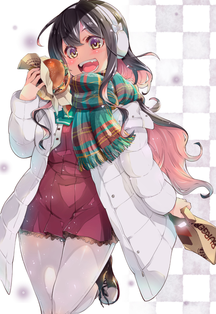 1girl bag black_hair breasts burger coat earmuffs fang food highres holding holding_food imu_sanjo kantai_collection long_hair multicolored_hair naganami_(kancolle) open_mouth pantyhose paper_bag pink_hair scarf smile solo wavy_hair white_coat white_pantyhose yellow_eyes