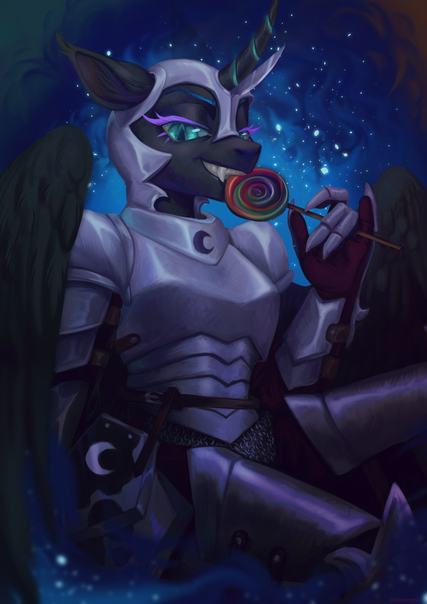2023 5_fingers absurd_res anthro anthrofied armor blue_eyes candy cutie_mark dessert equid equine female fingers food friendship_is_magic hasbro helemaranth hi_res horn lidded_eyes lollipop mammal my_little_pony nightmare_moon_(mlp) sitting solo winged_unicorn wings
