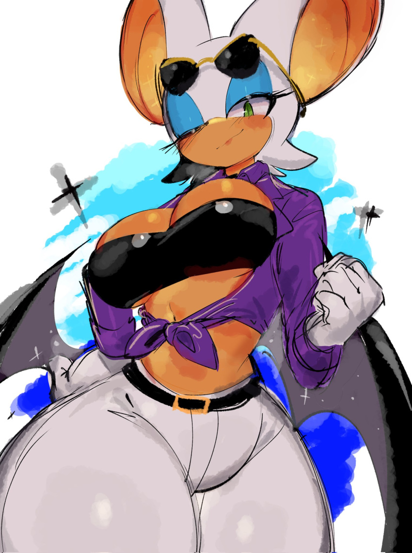 2023 anthro bat blush breasts cleavage clothed clothing eyeshadow female fur gloves green_eyes handwear hi_res makeup mammal one_eye_closed rouge_the_bat sega simple_background solo sonic_the_hedgehog_(series) tan_body tan_skin usa37107692 white_body white_fur wings wink