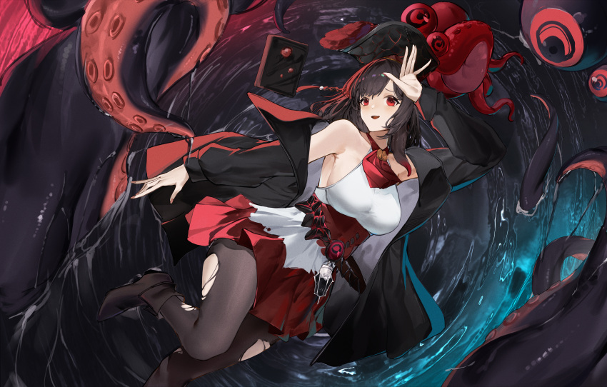absurdres ascot azur_lane bare_shoulders black_coat black_footwear black_hair black_thighhighs book breasts coat flantia hands_up hat highres large_breasts looking_at_viewer medium_hair open_clothes open_coat open_mouth pirate_hat pleated_skirt red_ascot red_eyes red_skirt royal_fortune_(azur_lane) skirt smile suction_cups tentacle_hair tentacles thighhighs torn_clothes torn_thighhighs water