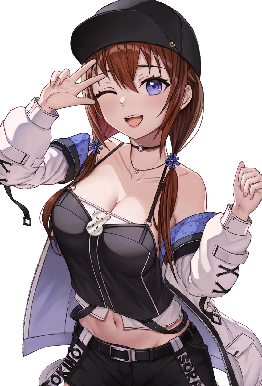 1girl absurdres bare_shoulders belt blue_eyes breasts brown_hair cleavage foongsheng hat highres hololive jacket large_breasts long_hair looking_at_viewer low_twintails midriff navel one_eye_closed open_mouth shorts solo tokino_sora twintails virtual_youtuber