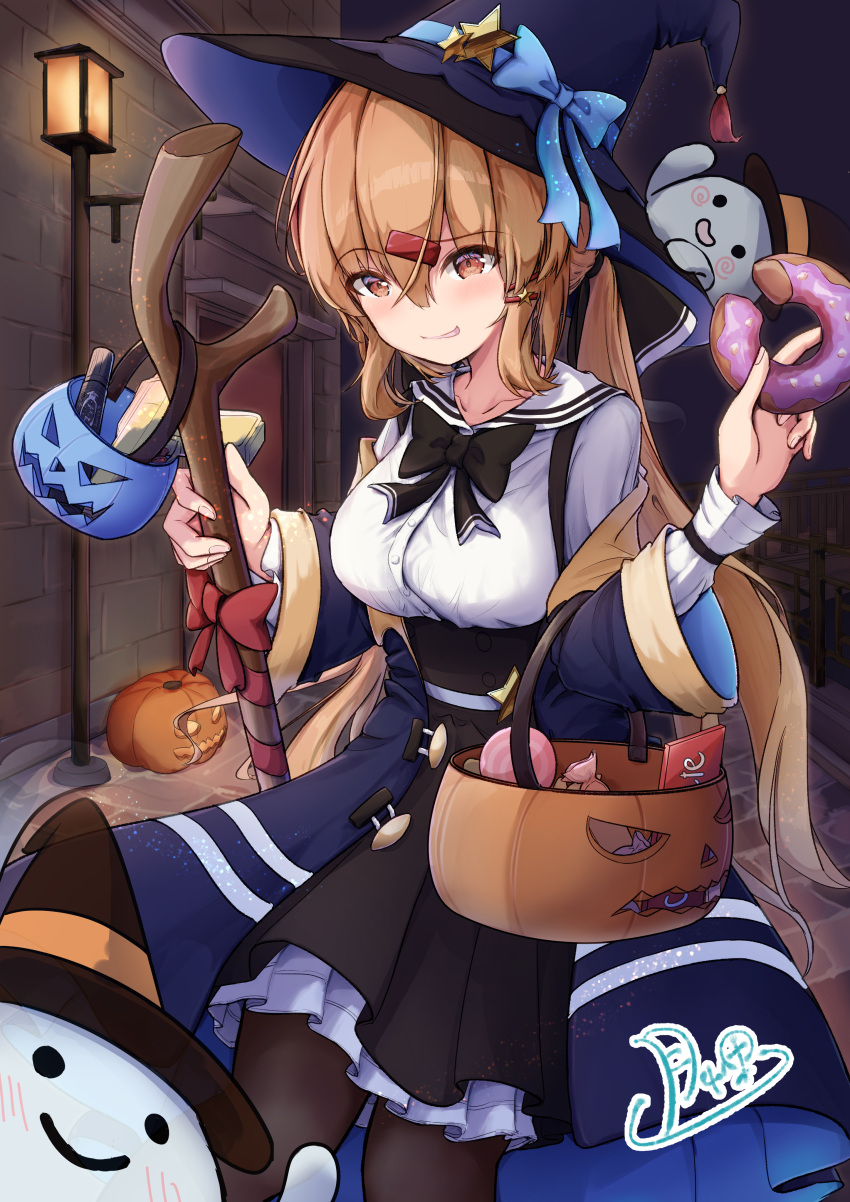 1girl absurdres alternate_costume black_bow blush bow breasts brown_eyes brown_hair doughnut food ghost hair_ornament hairclip halloween halloween_bucket halloween_costume hat high-waist_skirt highres jack-o'-lantern kantai_collection lamppost long_hair low_twintails medium_breasts night pumpkin shirt skirt smile staff sudachineko tashkent_(kancolle) trick_or_treat twintails white_shirt witch_hat