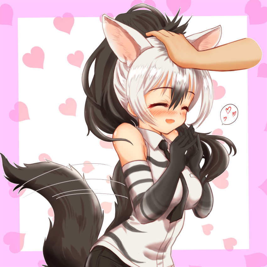 1girl 1other ^_^ aardwolf_(kemono_friends) aardwolf_ears aardwolf_girl aardwolf_print aardwolf_tail absurdres afterimage animal_ears animal_print bare_shoulders black_hair black_necktie blush border breast_pocket closed_eyes collared_shirt disembodied_limb elbow_gloves extra_ears eyelashes gloves grey_hair hair_between_eyes hakumaiya hand_on_another's_head hands_up happy headpat heart heart_background highres interlocked_fingers kemono_friends long_hair motion_lines multicolored_hair necktie nose_blush open_mouth outside_border own_hands_together pocket print_gloves print_shirt shirt shorts sleeveless sleeveless_shirt smile solo_focus spoken_heart tail tail_wagging two-tone_hair upper_body wing_collar