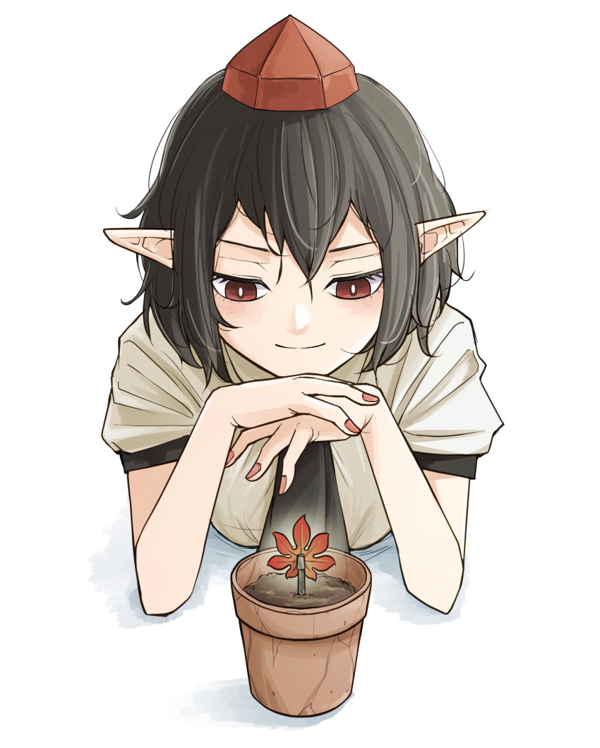 1girl black_hair black_necktie breasts crack dirt highres leaf leaning_forward maple_leaf necktie peroponesosu. plant pom_pom_(clothes) potted_plant red_eyes red_headwear red_nails shameimaru_aya shirt smile solo touhou white_background white_shirt
