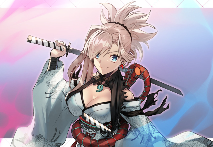 1girl aoten_(aoiroarekore) aqua_kimono bare_shoulders blue_eyes breasts cleavage closed_mouth commentary_request earrings fate/samurai_remnant fate_(series) grey_hair highres holding holding_sword holding_weapon japanese_clothes jewelry katana kimono large_breasts looking_at_viewer magatama magatama_necklace miyamoto_musashi_(fate) necklace off_shoulder ponytail smile solo sword twitter_username weapon wide_sleeves