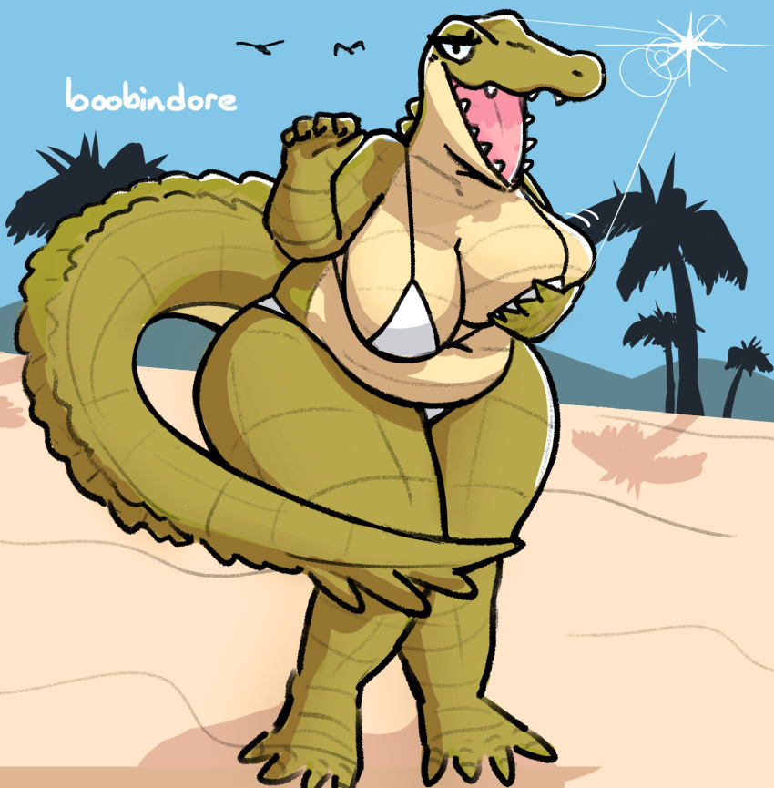 anthro bent_over big_breasts bikini breasts breasts_squish clothing crocodilian curvy_figure dubindore female green_body green_scales hi_res open_mouth outside overweight overweight_anthro overweight_female palm_tree plant reptile scales scalie sharp_teeth sky solo sun sun_glare swimwear tail teeth thick_tail thick_thighs tree voluptuous wide_hips