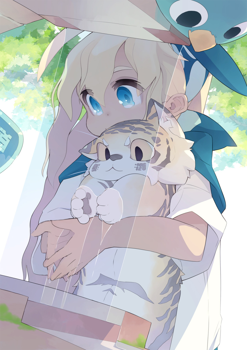 1girl :3 akitsu_taira animal bird blonde_hair blue_bird_(akitsu_taira) blue_eyes cat covered_mouth day dutch_angle fountain highres holding holding_animal izumi_luna_(akitsu_taira) long_hair looking_down original road_sign shirt short_sleeves sign toranyun_(akitsu_taira) upper_body washing_hands water white_shirt