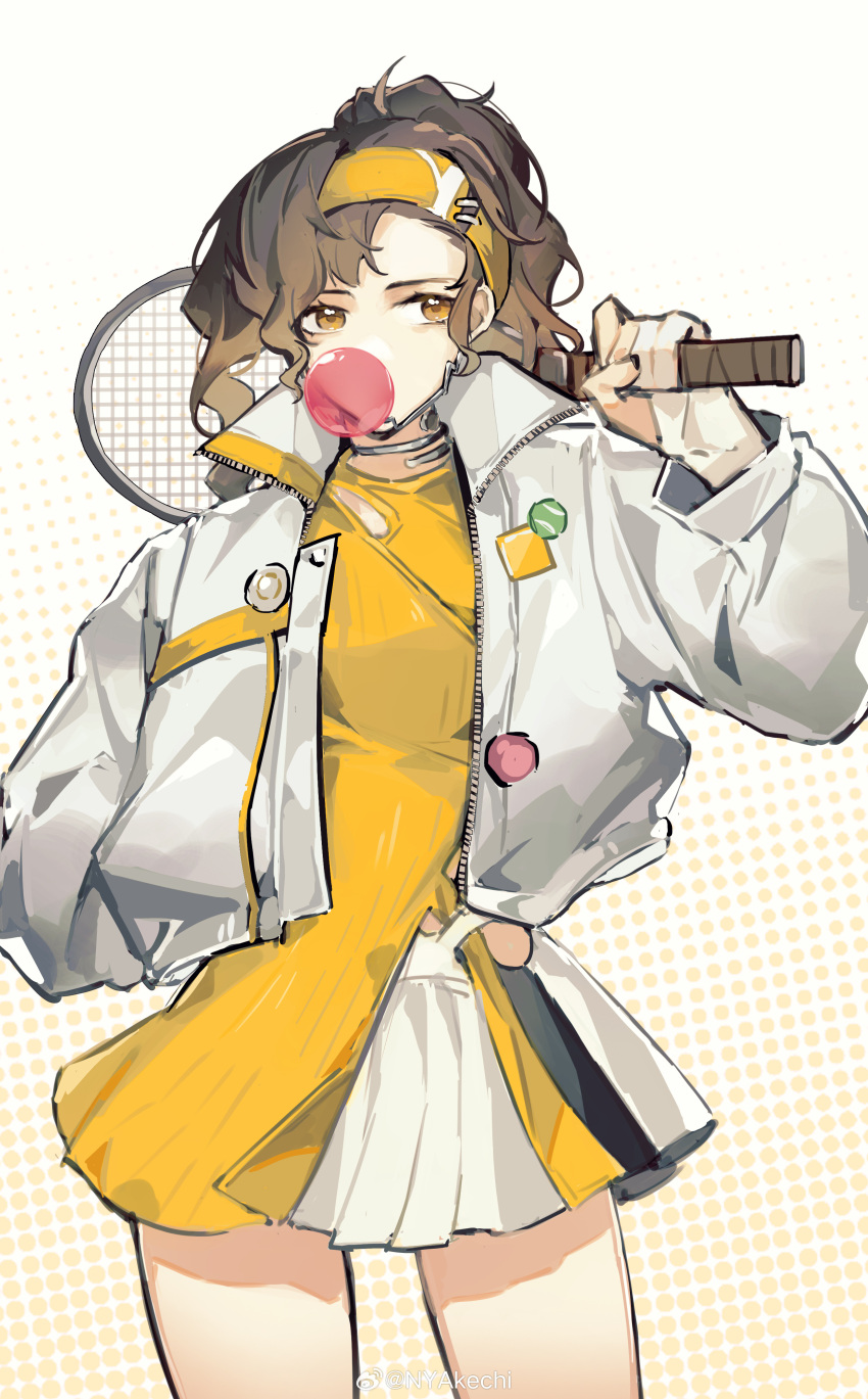 1girl absurdres akechi_(826988799) braces brown_eyes brown_hair bubble_blowing chewing_gum cowboy_shot dress hairband highres holding_tennis_racket jacket jewelry long_hair long_sleeves looking_at_viewer neck_ring official_alternate_costume open_clothes open_jacket pleated_skirt reverse:1999 skirt solo tooth_fairy_(ace_through_the_bagel)_(reverse:1999) tooth_fairy_(reverse:1999) weibo_logo weibo_username white_background white_jacket white_skirt yellow_background yellow_dress yellow_hairband