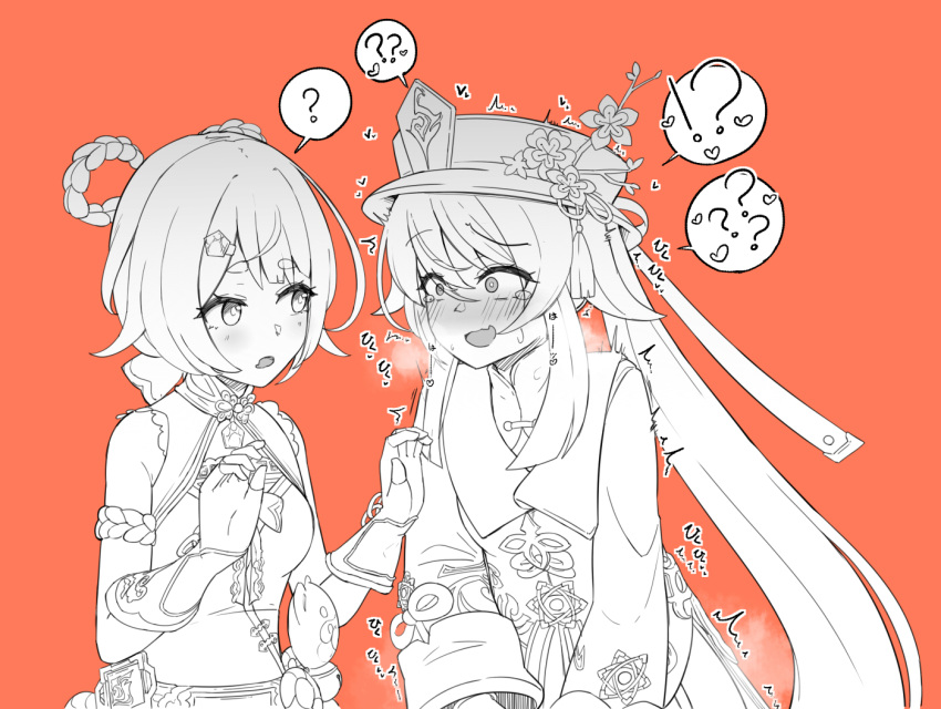 !? 2girls ? armband bare_shoulders belt blush bow-shaped_hair braid breasts breath china_dress chinese_clothes commentary_request constricted_pupils dress eye_contact fang fingerless_gloves flower genshin_impact gloves greyscale_with_colored_background hair_between_eyes hair_ornament hair_ribbon hairclip hands_up hat hat_flower heart hu_tao_(genshin_impact) long_hair long_sleeves looking_at_another looking_to_the_side lucifina_006 multiple_girls nervous_smile nose_blush open_mouth orange_background porkpie_hat raised_eyebrow ribbon short_hair sidelocks simple_background skin_fang sleeveless sleeveless_dress small_breasts smile speech_bubble spoken_heart spoken_interrobang spoken_question_mark standing steam steaming_body sweat tassel tears translation_request trembling twintails upper_body wide-eyed xiangling_(genshin_impact)