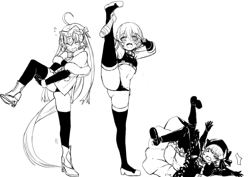 absurdres black_panties black_thighhighs fallen_down fate/grand_order fate_(series) greyscale highres jack_the_ripper_(fate/apocrypha) jeanne_d'arc_alter_santa_lily_(fate) leg_up monochrome nursery_rhyme_(fate) panties senbon_tsuki smile standing standing_on_one_leg struggling thighhighs thighs underwear v