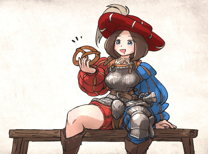 1girl armor bench blue_eyes boobplate boots breastplate brown_footwear brown_hair codpiece food hat ironlily landsknecht landsknecht_(ironlily) long_sleeves original pretzel puffy_long_sleeves puffy_sleeves sitting solo wooden_bench