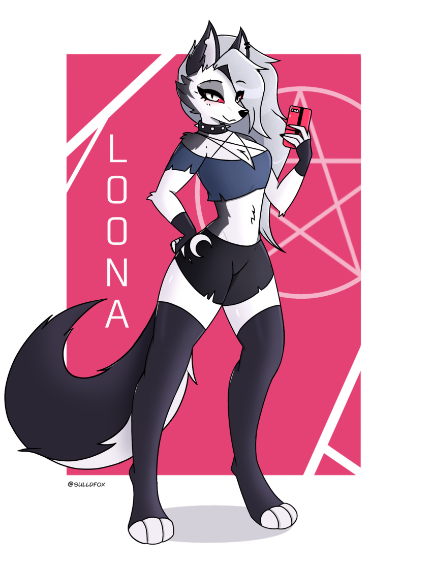 absurd_res anthro bottomwear canid canid_demon cellphone clothing demon female hellhound helluva_boss hi_res hotpants legwear loona_(helluva_boss) mammal phone shorts simple_background smug_face solo sulldfox thigh_highs