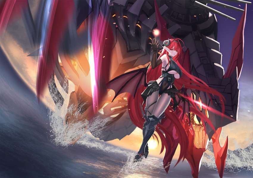1girl ahoge azur_lane bare_shoulders bat_wings black_footwear black_gloves black_headband black_horns black_skirt boots breasts center_cross_lace center_frills clothing_cutout covered_navel curled_horns demon_girl demon_horns demon_wings elbow_gloves frilled_gloves frills full_body gloves headband heart_cutout highres hindenburg_(azur_lane) horns knee_boots large_breasts long_hair looking_at_viewer miniskirt non-humanoid_robot pantyhose pointy_ears red_eyes red_hair robot robot_dragon see-through skirt solo sun underboob underboob_cutout very_long_hair wacky092 water wings
