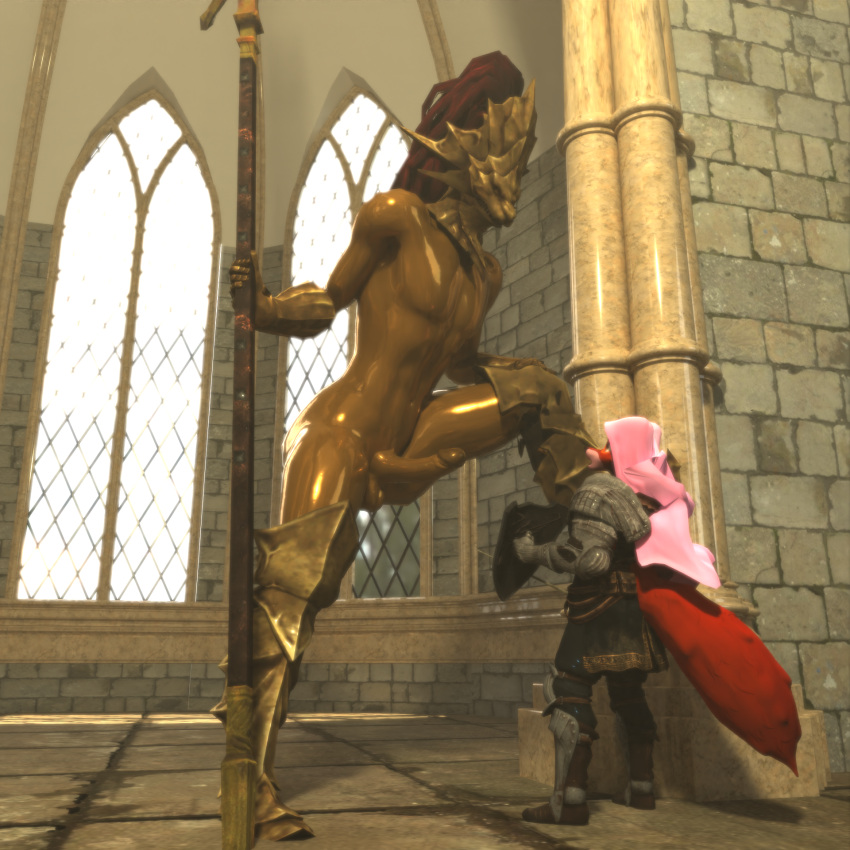 canid canine dark_souls disney fox fromsoftware genitals gold_body hi_res humanoid_genitalia humanoid_penis maid_marian male mammal ornstein penis pose robin_hood_(disney)