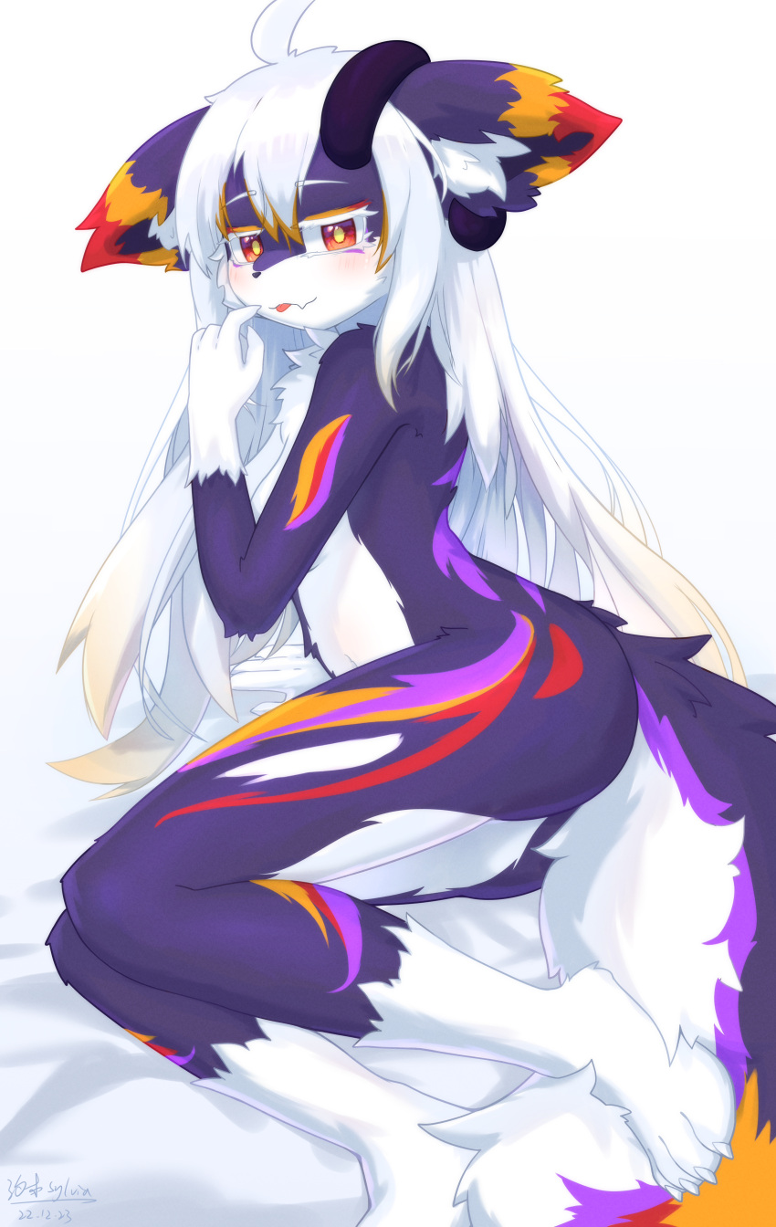 2023 4_toes absurd_res anthro blep blush breasts butt canid canine claws digital_media_(artwork) feet female female_anthro fur hair hi_res kemono long_hair looking_at_viewer mammal multicolored_body multicolored_fur nude paws shiokisylvia solo tail toe_claws toes tongue tongue_out