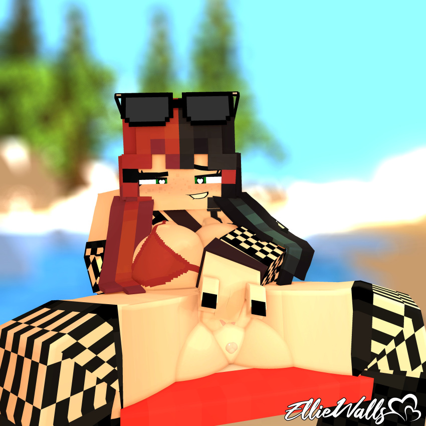 absurd_res anus aroused beach bikini bikini_top bite biting_lip biting_own_lip clothing ellie_walls eyewear female fishnet_clothing genitals hi_res human mammal masturbation microsoft minecraft mojang outside public_masturbation pussy seaside solo sunglasses swimwear xbox_game_studios