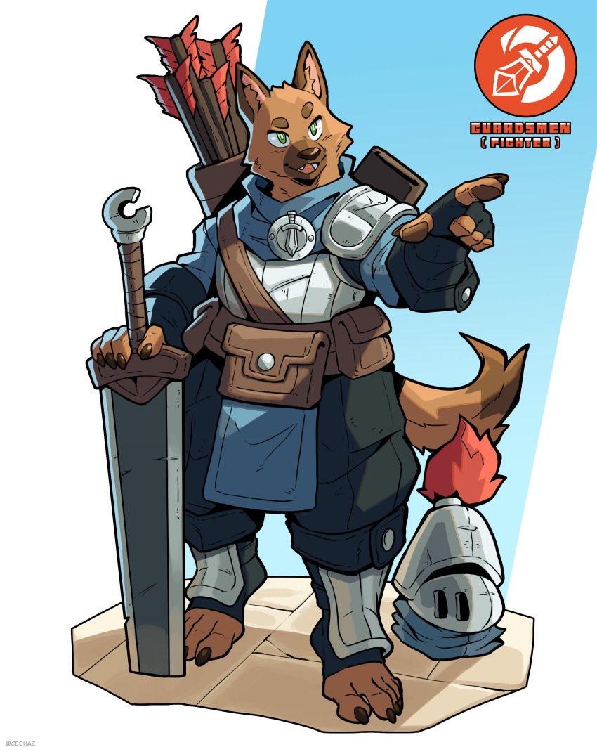 2023 5_fingers 5_toes absurd_res ambiguous_gender anthro armor arrow_(weapon) belt_pouch blade bottomwear brown_body brown_fur brown_nails canid canine canis ceehaz clothed clothing colored_nails dipstick_tail dog_knight_rpg domestic_dog feet fingerless_gloves fingers footwear fur gesture gloves green_eyes guard handwear headgear helmet hi_res holding_object holding_weapon humanoid_feet humanoid_hands inner_ear_fluff mammal markings melee_weapon nails open_mouth open_smile pants pauldron pawpads plantigrade plate_armor pointing quiver ranged_weapon smile standing sword tail tail_markings toeless_footwear toes tuft weapon