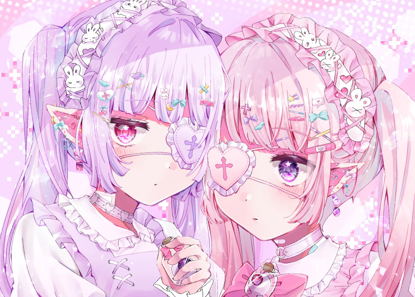 2girls bandaid_hair_ornament blush bow chibana_sora choker collar commentary earrings eyepatch frilled_collar frills heart heart_eyepatch highres jewelry long_hair maid_headdress multiple_girls original pink_bow pink_choker pink_eyes pink_hair pointy_ears purple_choker purple_eyes purple_hair symbol-only_commentary twintails