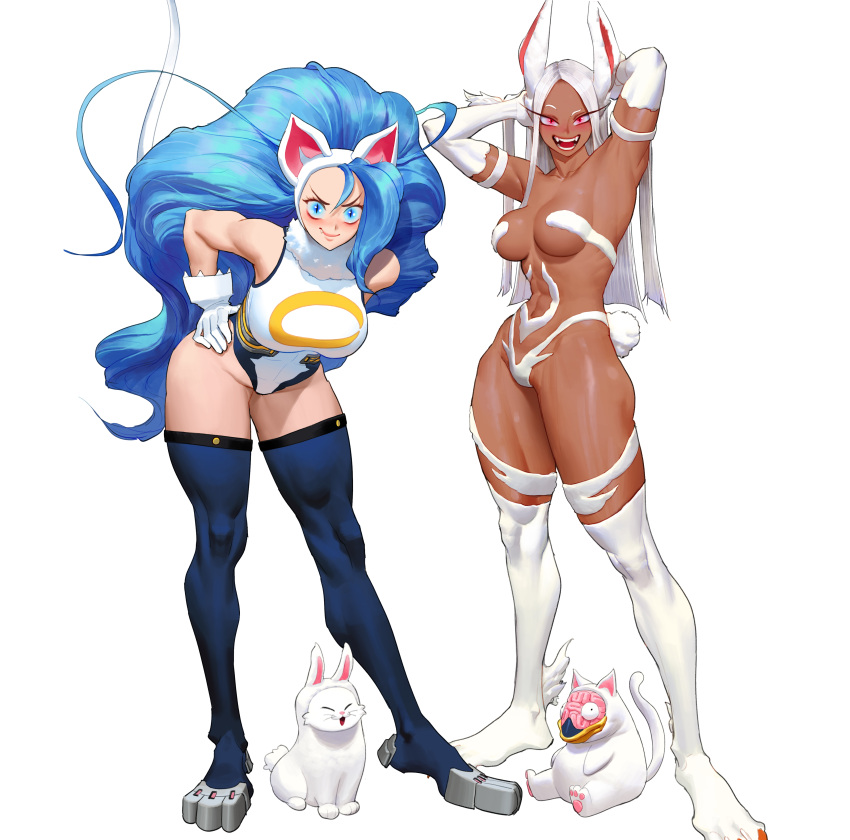 2girls :d abs absurdres ahoge animal_costume animal_ears armpits arms_behind_head arms_up bare_shoulders big_hair blue_eyes blue_hair blue_thighhighs body_fur boku_no_hero_academia breasts cat cat_costume cat_ears cat_girl cat_tail cosplay costume_switch covered_abs dark-skinned_female dark_skin elbow_gloves fang fangs felicia_(vampire) felicia_(vampire)_(cosplay) full_body fur_collar gloves hair_between_eyes hands_on_own_hips highres huge_ahoge large_breasts leaning_forward legs leotard long_eyelashes long_hair looking_at_viewer mirko mirko_(cosplay) multiple_girls navel noumu_(boku_no_hero_academia) open_mouth parted_bangs rabbit_costume rabbit_ears rabbit_girl rabbit_tail red_eyes revealing_clothes sleeveless_turtleneck_leotard smile standing tail taut_leotard thick_thighs thighhighs thighs toned vampire_(game) very_long_hair white_background white_fur white_gloves white_hair white_thighhighs wonbin_lee