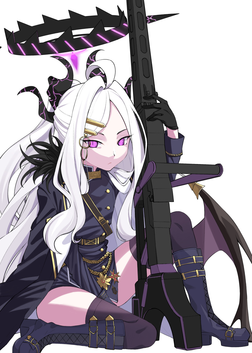 1girl absurdres ahoge belt black_coat black_footwear black_gloves black_skirt blue_archive boots coat coat_on_shoulders commentary_request demon_girl demon_horns demon_wings forehead fur-trimmed_coat fur_trim gloves gun hair_ornament hairclip halo highres hina_(blue_archive) holding holding_gun holding_weapon horns knee_boots knee_up long_hair long_sleeves looking_at_viewer machine_gun mg42 military military_uniform open_clothes open_coat pencil_skirt ponytail purple_eyes sasaki33916 shoulder_belt side_slit sidelocks simple_background sitting skirt solo uniform wariza weapon white_background white_hair wings