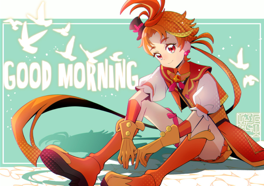 1boy ahoge artist_logo boots brown_eyes brown_hair commentary_request cure_wing earrings english_text eyelashes gloves good_morning happy hirogaru_sky!_precure jewelry kamikita_futago long_hair looking_at_viewer low_ponytail magical_boy multicolored_hair orange_hair ponytail precure sitting smile solo two_side_up yuunagi_tsubasa