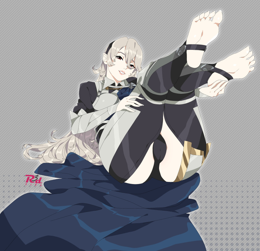 1girl absurdres armor artist_logo artist_name ass black_hairband black_panties blue_cape breasts cameltoe cape clothing_cutout collared_shirt commentary corrin_(female)_(fire_emblem) corrin_(fire_emblem) english_commentary feet fire_emblem fire_emblem_fates foreshortening full_body grey_background grey_hair hair_between_eyes hairband hand_on_own_foot hand_on_own_thigh head_tilt highres knees_together_feet_apart legs legs_up long_hair looking_at_viewer lying no_shoes on_back panties parted_bangs parted_lips pointy_ears r3dfive red_eyes shadow shirt soles solo stirrup_legwear thigh_cutout thighs toeless_legwear toenails toes underwear