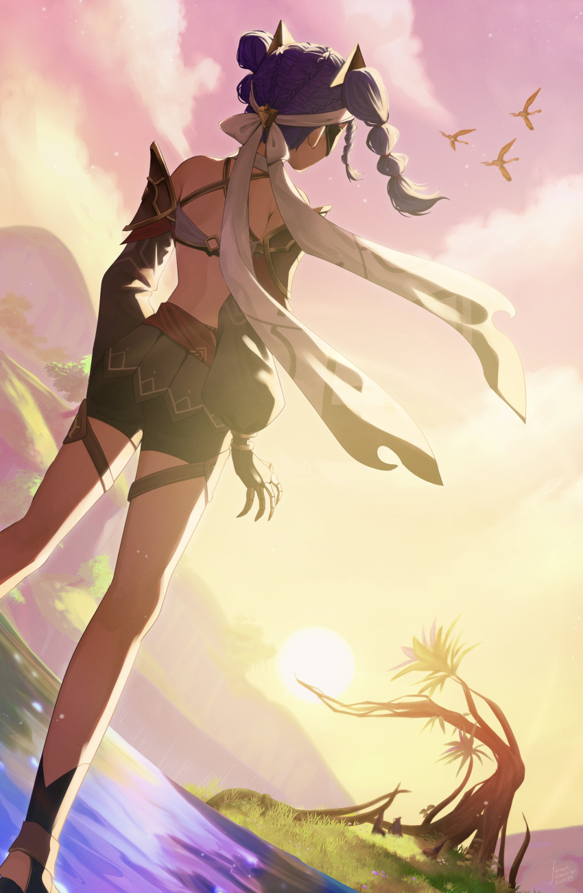 1girl absurdres bare_shoulders bird black_shorts black_sleeves braid cloud commentary_request detached_sleeves from_behind genshin_impact gloves hair_ornament hair_ribbon highres jeht_(genshin_impact) kinaco_4738 medium_hair purple_hair purple_sky ribbon shorts sky solo sun tree twin_braids water white_ribbon