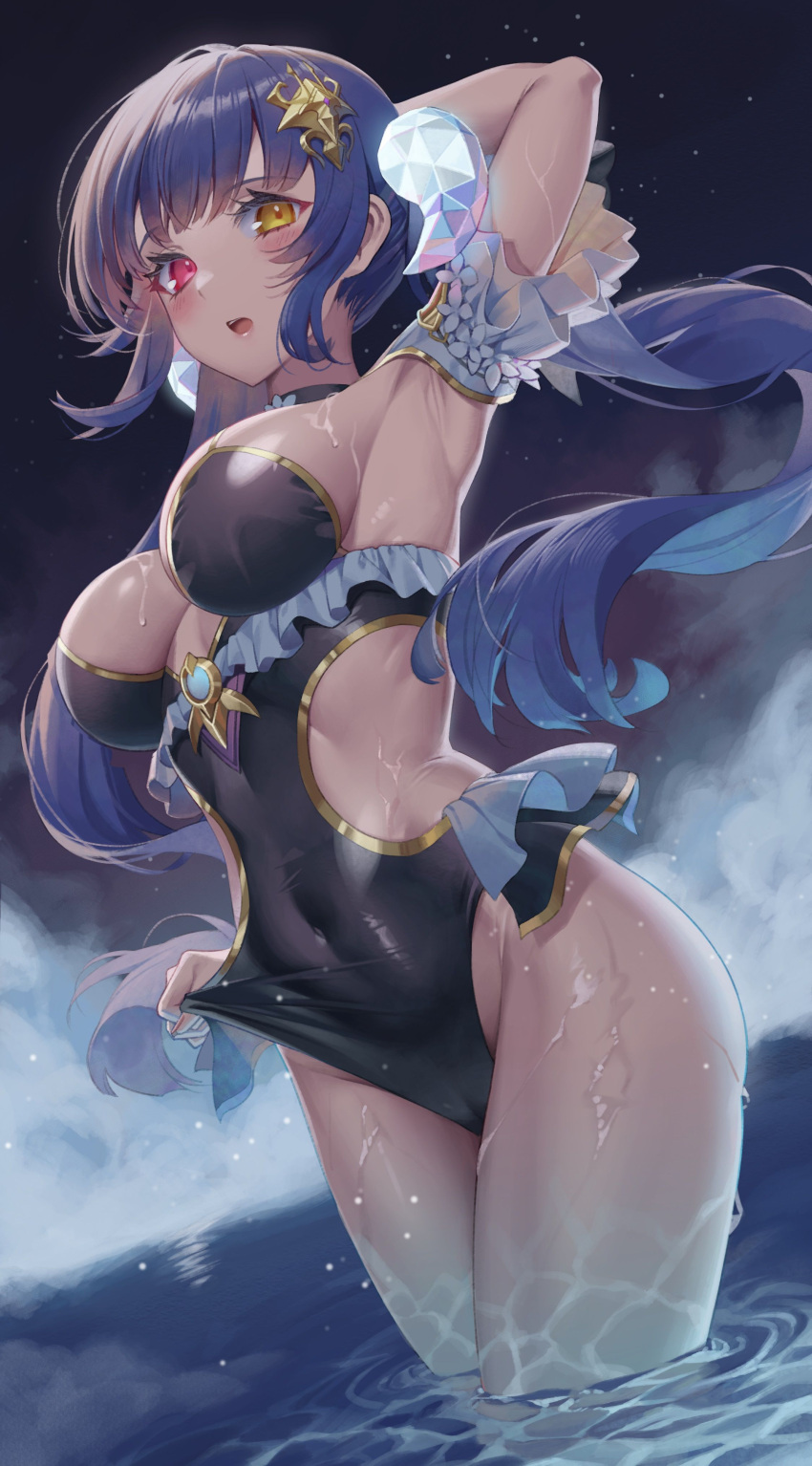 1girl absurdres arm_behind_head arm_up armpits black_choker black_one-piece_swimsuit blue_hair breasts choker commission covered_navel detached_sleeves frilled_one-piece_swimsuit frills gold_trim hair_ornament heterochromia highleg highleg_swimsuit highres hop3 horns large_breasts long_hair looking_at_viewer one-piece_swimsuit open_mouth original red_eyes ruthenium77's_character second-party_source sideless_outfit solo swimsuit thighs twintails very_long_hair wading water wet yellow_eyes