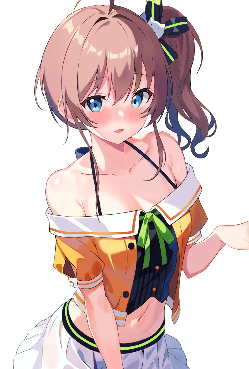 1girl absurdres ahoge blue_eyes blush bow breasts brown_hair cat_hair_ornament cleavage collarbone green_ribbon hair_between_eyes hair_bow hair_intakes hair_ornament highres hololive long_hair midriff miniskirt natsuiro_matsuri navel neck_ribbon open_mouth ra_midora ribbon short_sleeves side_ponytail simple_background skirt small_breasts solo stomach virtual_youtuber white_background white_skirt