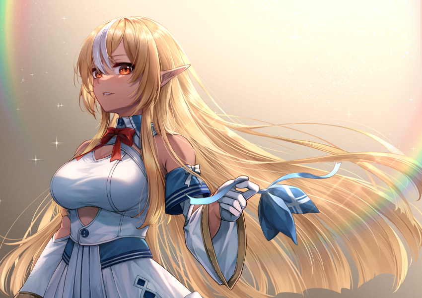 1girl absurdres blonde_hair blue_bow bow breasts cleavage curry_bowl detached_sleeves dress elf gloves hair_down highres holding holding_bow_(ornament) hololive large_breasts lens_flare long_hair orange_eyes pointy_ears red_bow shiranui_flare smile virtual_youtuber white_dress white_gloves