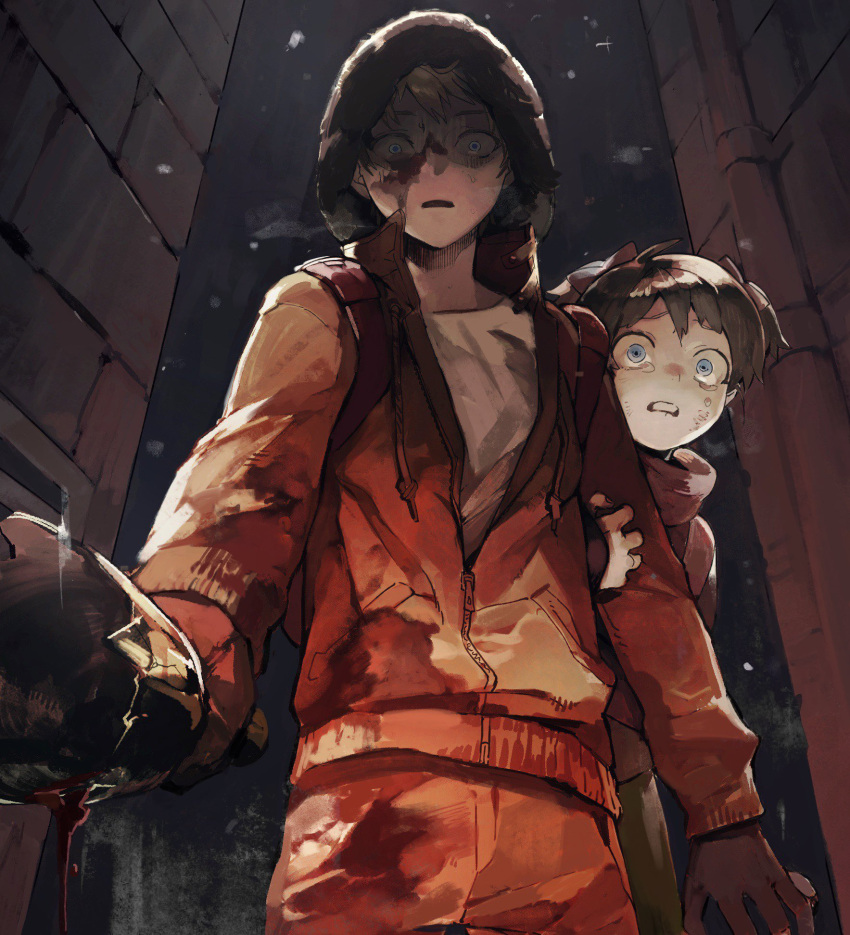1boy 1girl blood blood_on_face blue_eyes bottle broken_bottle brown_jacket character_request collarbone grabbing_another's_arm highres holding holding_bottle hood hood_up jacket kenny_mccormick long_sleeves open_mouth orange_jacket orange_pants outdoors pants shirt short_hair silverlilii snow south_park tears